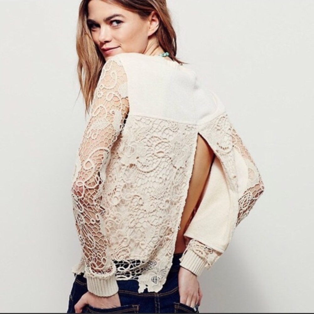 Free people lace overlay split back sweater